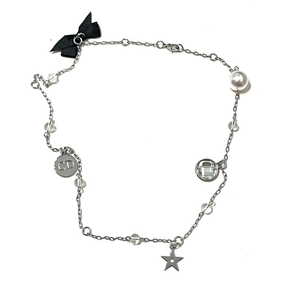 Dior Silver Tone Logo Bow Necklace